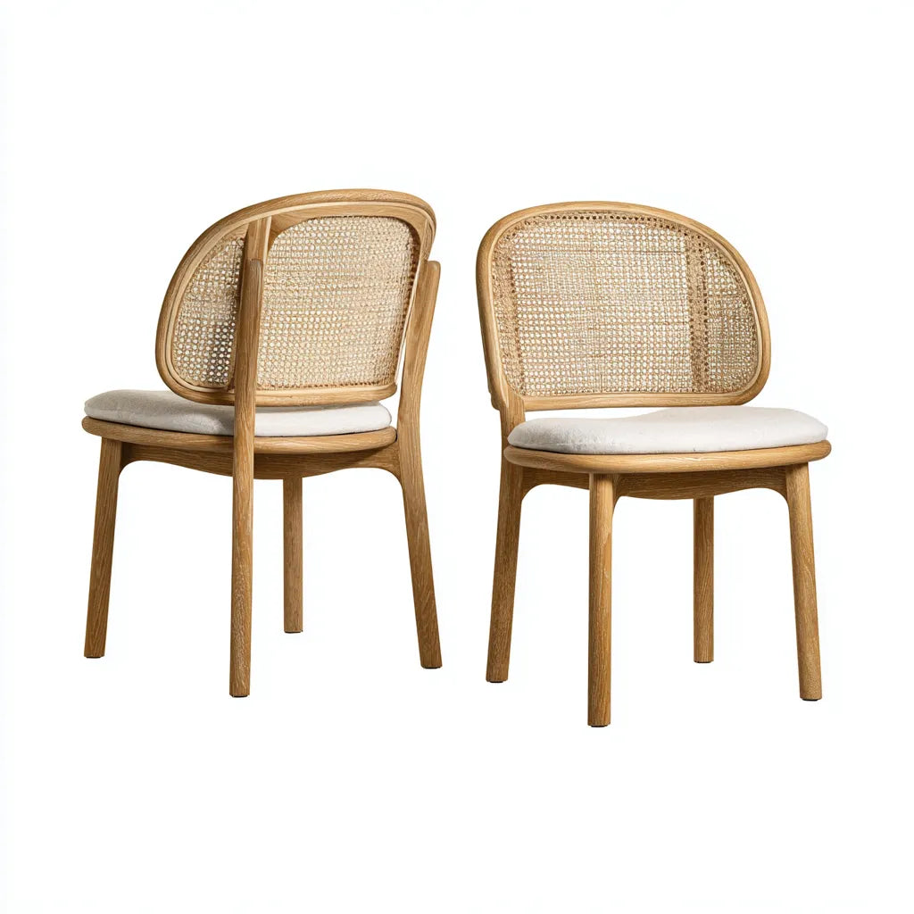 Set 2 sedie da pranzo in legno e rattan 52×56×82 cm - naturale beige - seduta imbottita