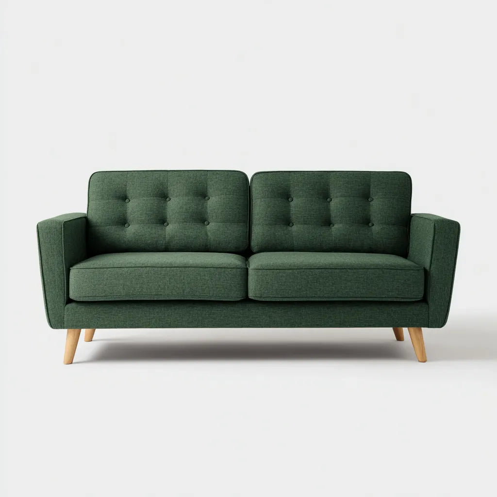 Divano 2 posti 178×84×86 cm - tessuto verde scuro e legno naturale - stile moderno con schienale capitonné