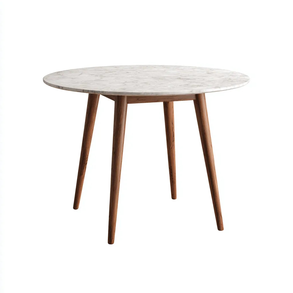 Tavolo da pranzo rotondo 110×110×75 cm - piano effetto marmo bianco e legno naturale - stile nordico