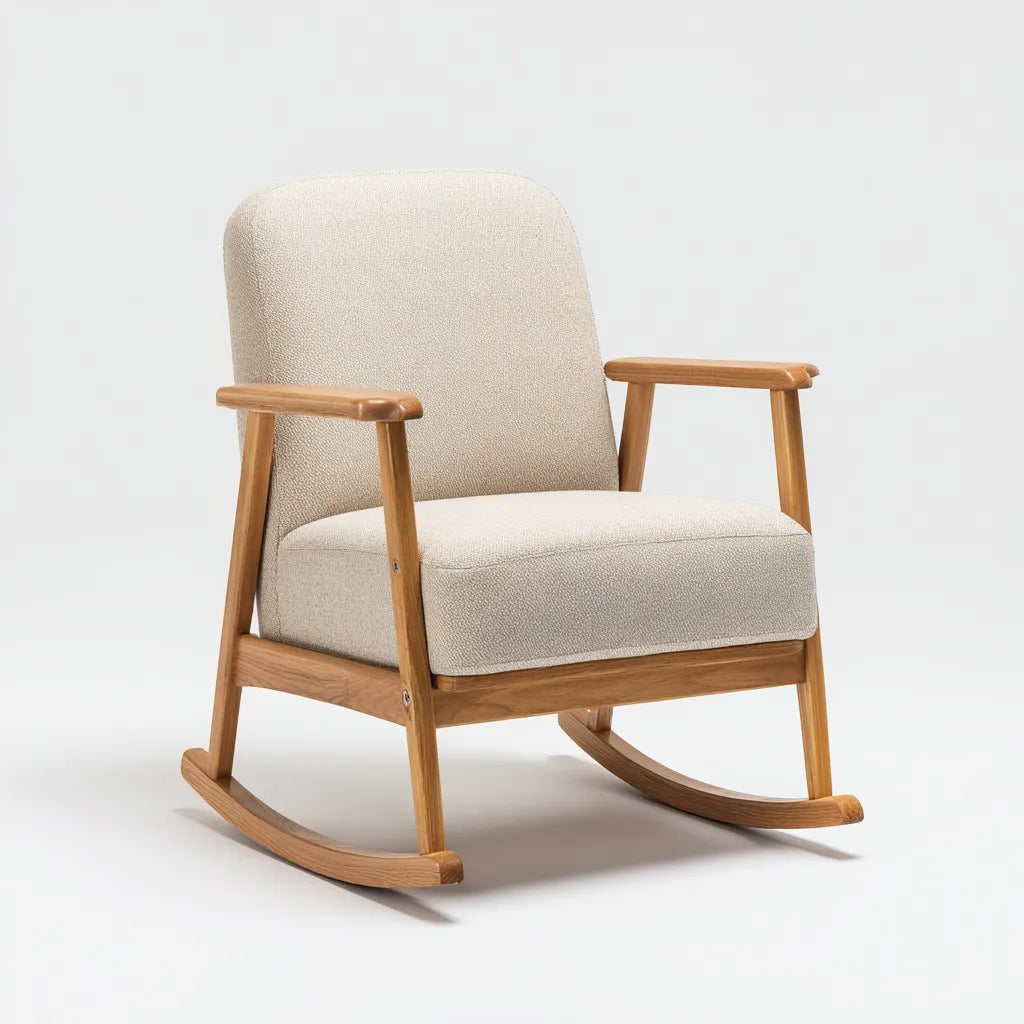 Sedia a dondolo 74×88×101 cm - legno chiaro e tessuto crema - seduta imbottita per Soggiorno