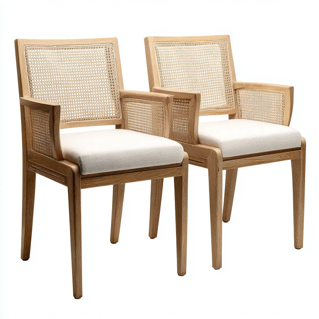 Set 2 sedie da pranzo in legno e rattan 58×61×88 cm - naturale e bianco - con braccioli