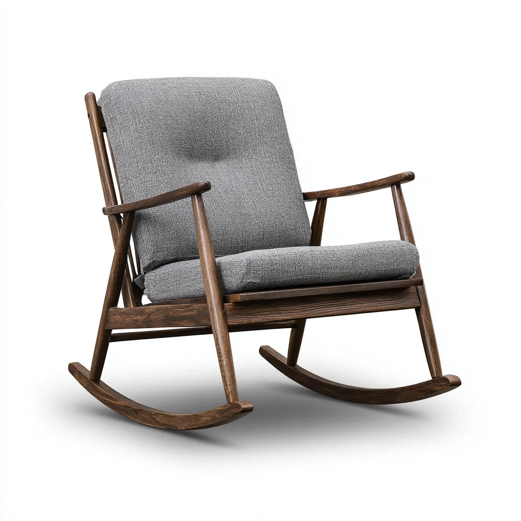 Sedia a dondolo 72×88×94 cm in tessuto grigio e legno marrone - comfort classico per soggiorno