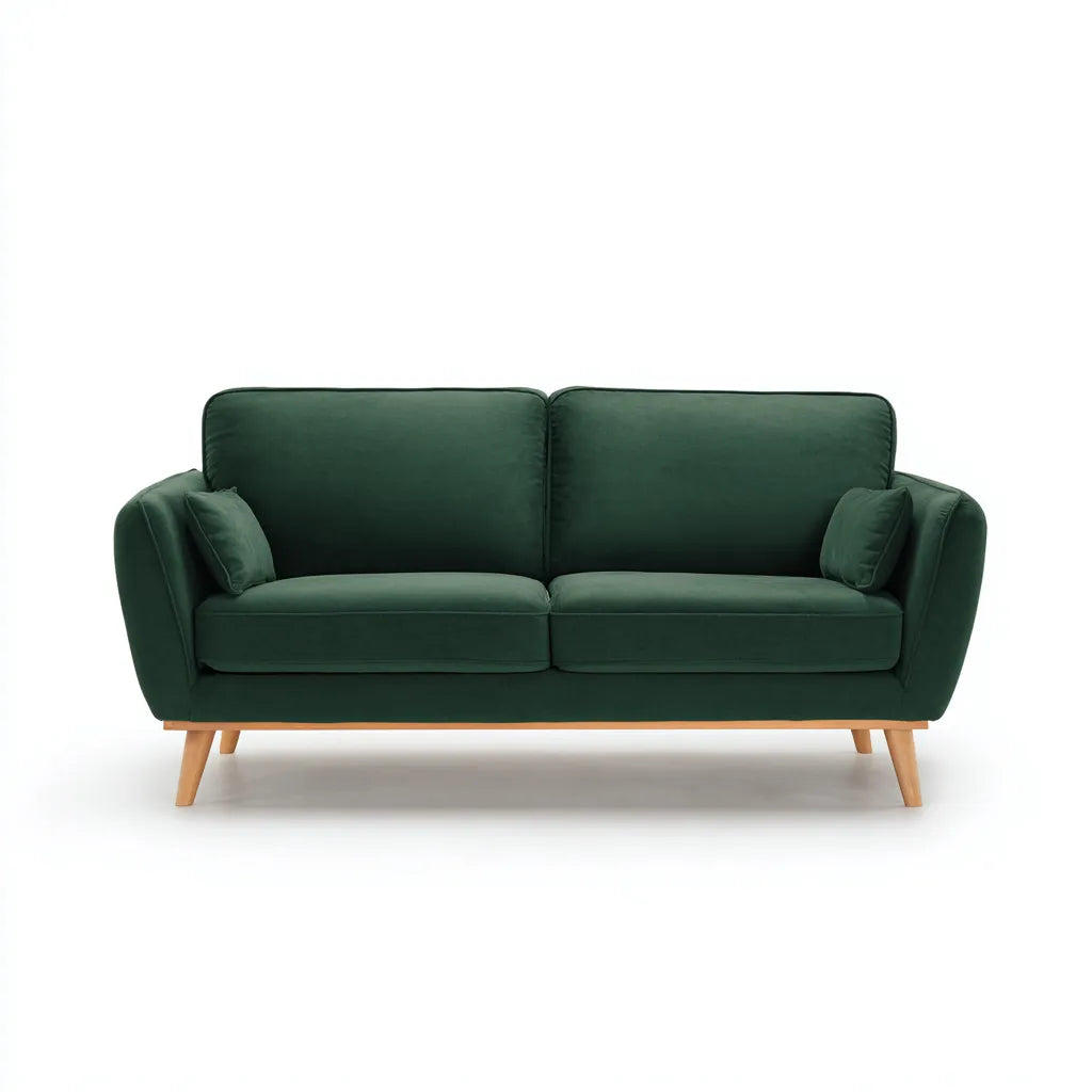 Divano 2 posti 176×88×84 cm - tessuto verde scuro e legno naturale - design morbido con braccioli avvolgenti