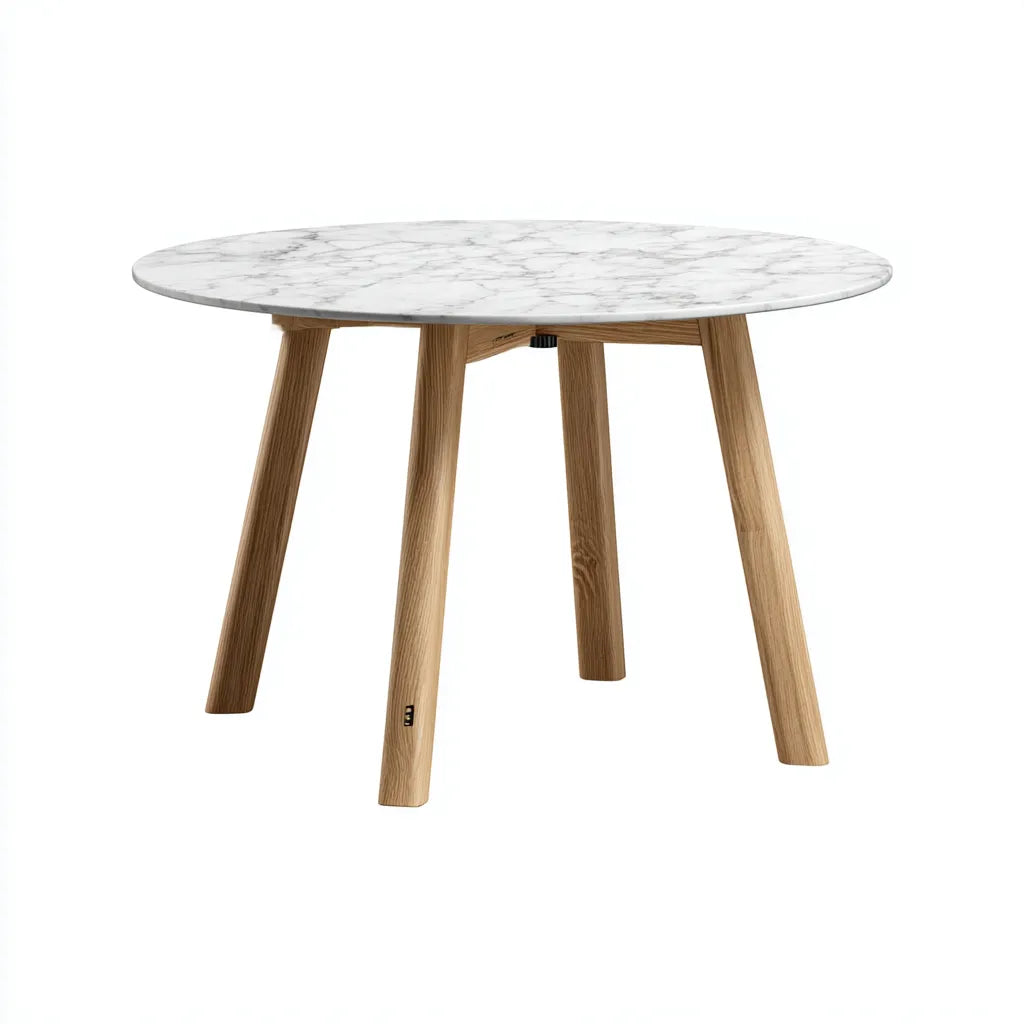 Tavolo da pranzo rotondo 120×120×76 cm - piano effetto marmo bianco e legno marrone - struttura rinforzata