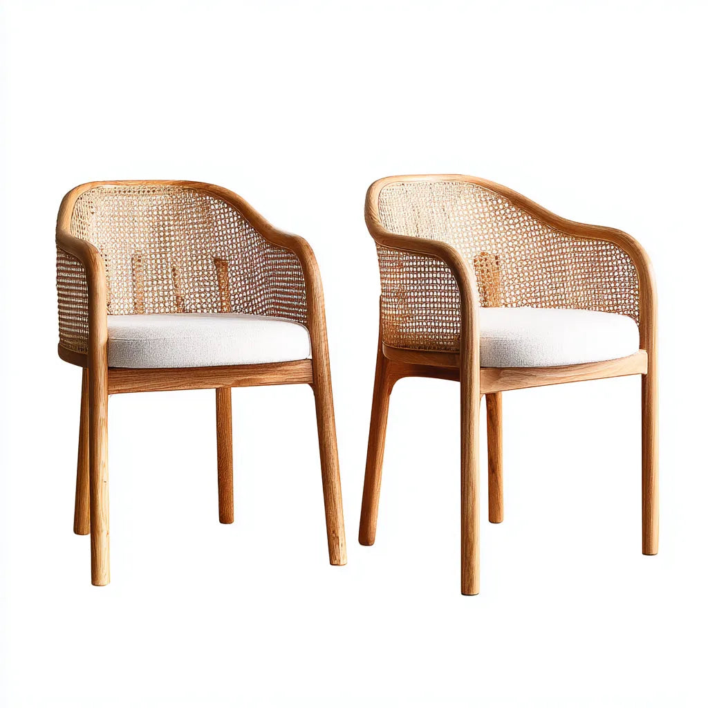 Set 2 sedie da pranzo in legno e rattan 57×60×82 cm - naturale e bianco - schienale avvolgente