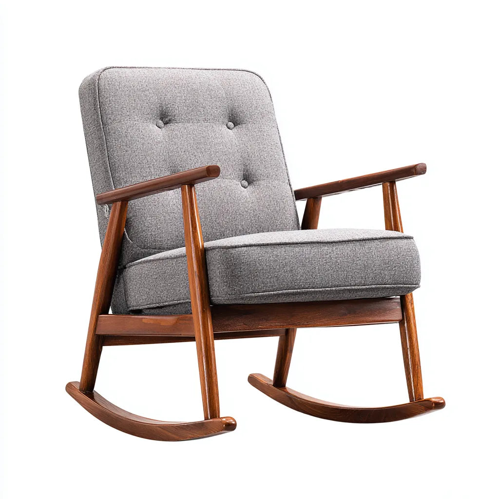 Sedia a dondolo 72×86×98 cm - legno marrone e tessuto grigio - relax imbottito per Soggiorno